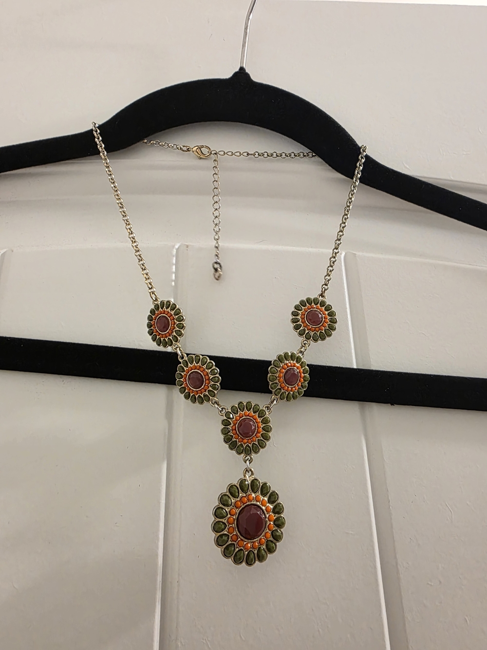 Gold-Tone Green and Orange Floral Pendant Necklace